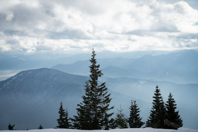 Panoramic view of snow covered mountains against sky