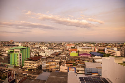 High angle view of townscape against sky during sunset