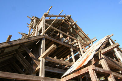 Low angle view of damaged building against clear blue sky