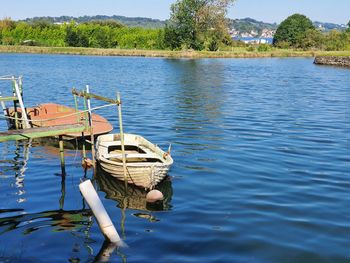 Boat moored in lake