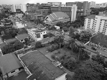 High angle view of street amidst buildings in city