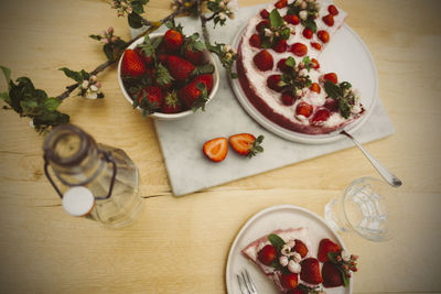 High angle view of chopped fruits on table