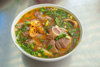 High angle view of soup in bowl on table