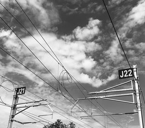 Low angle view of telephone pole against sky