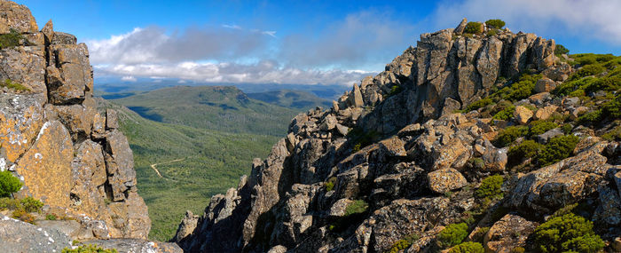 Scenic view through a gap in mountain range