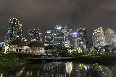 Illuminated buildings against sky at night