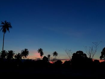 Silhouette palm trees against clear sky during sunset