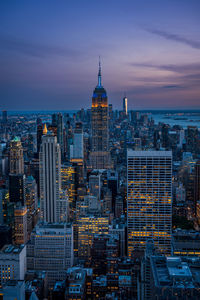 High angle view of city at sunset