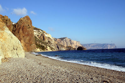 Scenic view of beach against blue sky