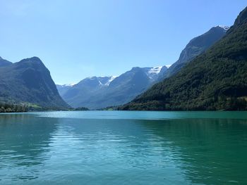 Scenic view of lake and mountains against sky