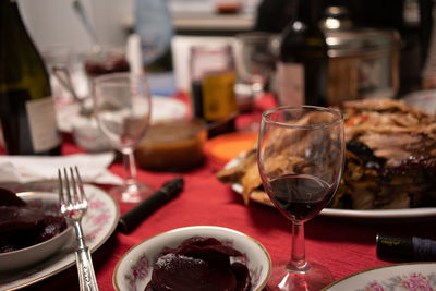 Glass of wine on table in restaurant