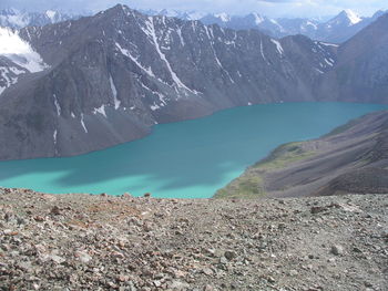 Scenic view of lake and mountains against sky