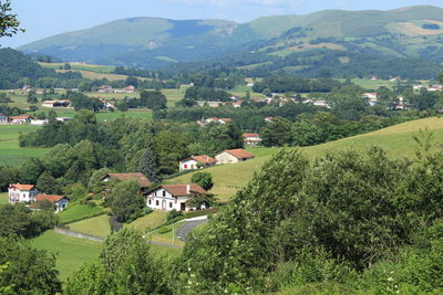 High angle view of trees and houses in village