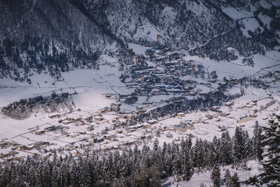 High angle view of snow covered landscape