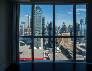 Cityscape seen through window