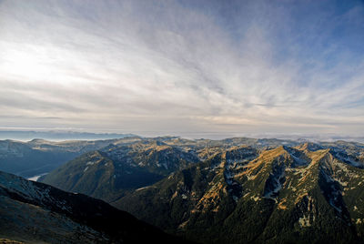 Aerial view of snowcapped mountains against sky