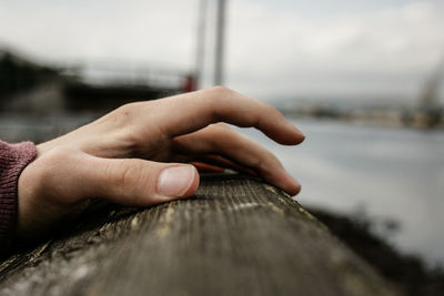 Close-up of hand holding wood against sky