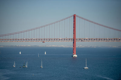 Suspension bridge over sea against sky