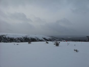 Scenic view of snow covered land against sky