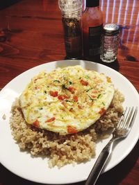 High angle view of food in plate on table