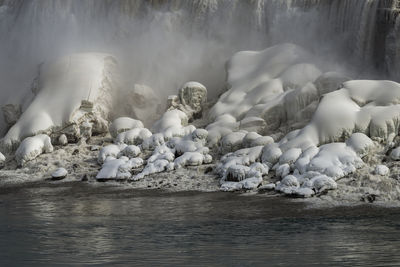 Niagara falls, the american falls with an icy build up at the bottom in winter time.
