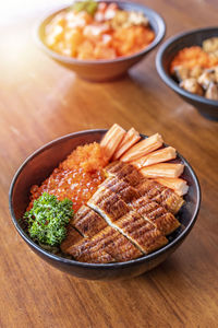 High angle view of food in bowl on table