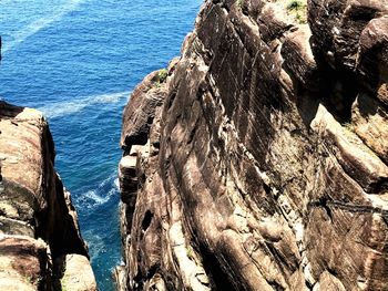 High angle view of sea by cliff