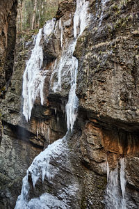 Low angle view of waterfall amidst rocks