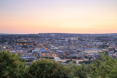 High angle view of townscape against sky during sunset