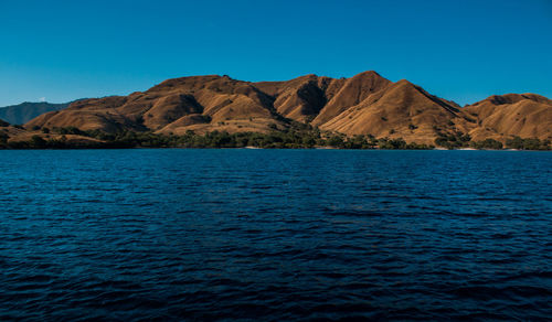 Scenic view of sea by mountains against clear blue sky