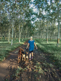 Rear view of woman with dog walking on street