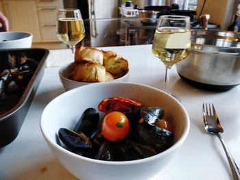 High angle view of meal served on table in restaurant