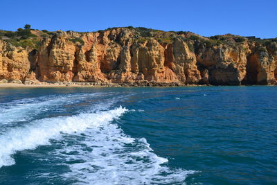 Scenic view of sea against clear blue sky