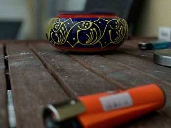 Close-up of text on table