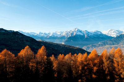 Scenic view of snowcapped mountains against sky at sunset