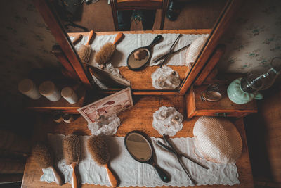 High angle view of books on table