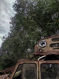 Low angle view of abandoned train against trees in forest