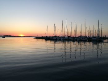 Sailboats in marina at sunset