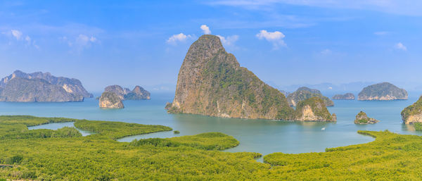 Panoramic view of sea and rocks against sky