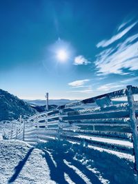 Snow covered landscape against sky