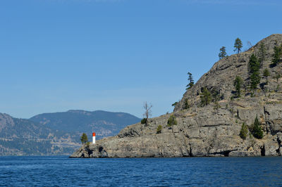 Scenic view of okanagan lake by mountains against clear blue sky