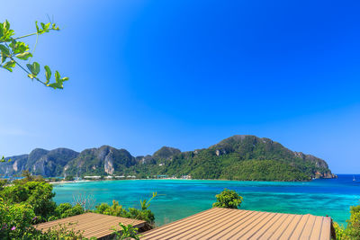 Scenic view of sea against clear blue sky