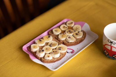 High angle view of cookies in plate on table