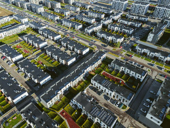 High angle view of street amidst buildings in city