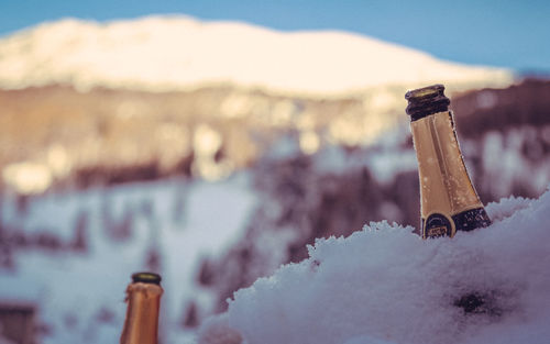 Close-up of cigarette against snow on mountain