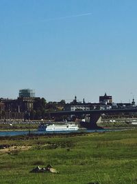 Scenic view of river against clear blue sky