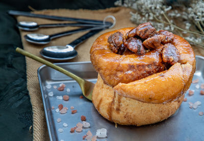 High angle view of bread in plate on table