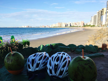 Close-up of food on beach against sky