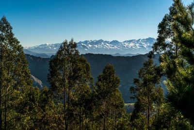 Scenic view of mountains against clear blue sky