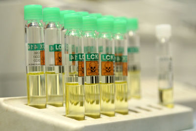 Close-up of a test tube rack in a laboratory.